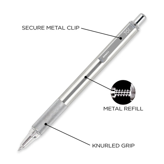 Zebra Pen F-701 Stainless Steel Ballpoint Retractable Pen, Black Ink, Fine Point 0.8mm